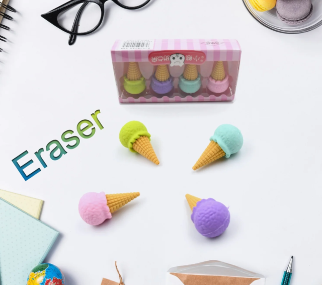 CONE /DONUT/ LOLIPOP/ ICE CREAM /ERASER FOR GIRLS & BOYS /ERASER FOR SCHOOL B'DAY RETURN GIFT PARTY DOUGHNUT LOLLIPOP ICE CREAM THEME SHAPE ERASERS PENCILS SET FOR KIDS EDUCATIONAL STATIONARY KIT, SCHOOL SUPPLIES (1 SET 4 PC)